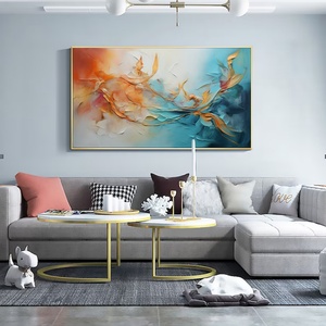 Peinture murale 3D abstraite texturée orange et turquoise sur toile acrylique, faite à la main, cadeau idéal pour l'inauguration d'une maison - Product Image 3