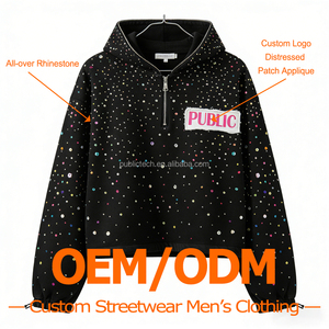 Sudadera con capucha extragrande personalizada OEM con pedrería en toda la superficie, efecto desgastado, bordes deshilachados, apliques, cierre de cremallera de un cuarto, corte holgado para hombre - Product Image 1