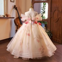 Gaun Pesta Mewah Model Off-the-Shoulder untuk Anak Perempuan dengan Kelopak Bunga 3D, Gaun Pengiring Pengantin untuk Kontes, Ulang Tahun, dan Pertunjukan Piano