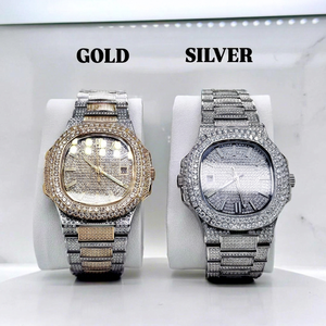 Reloj de pulsera de lujo para hombre, personalizado al por mayor, con diamantes incrustados, bisel octogonal, índices tipo bastón y esfera pavé, de acero inoxidable - Product Image 1