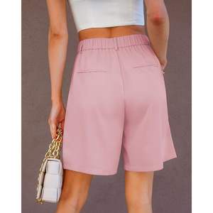 2025 Women's High Waisted Elastic Waist Bermuda <b>Shorts</b> Mid Cotton Dress <b>Shorts</b> Pleats Pockets Dressy Casual Summer <b>Work</b> XS - Product Image 5