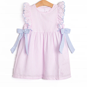 Vêtements pour bébé fille en gros, robe à nouer sur le côté en tissu à carreaux rose, robe décontractée brodée pour <span class=keywords><strong>petite</strong></span> fille - Product Image 1