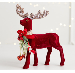 LINGKAI Red Flocked <b>Christmas</b> <b>Reindeer</b> Figurine With Glitter Antler Bell Bow Tabletop Ornament for Xmas Home Holiday Decor - Product Image 5