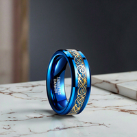 POYA Jewelry Bague en tungstène pour homme 8mm Bleu Plaqué Or Dragon Motif Incrustation Style tendance Bague de fiançailles Bague de mariage Cadeau pour homme