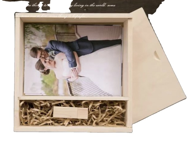 Walnut Wooden Photo Album Box + USB 2.0 Flash Drive Pendrive Custom Engraved Logo Wedding Gifts Packaging Wood Box