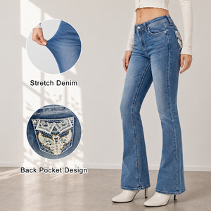 Stock USA in Liquidazione: Jeans a Zampa d'Elefante da Donna a Basso Prezzo con Ricamo sulla Tasca Posteriore, Jeans Elasticizzati Bootcut per Uso Quotidiano - Product Image 1