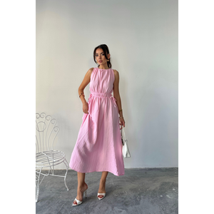 Robe maxi sans manches en mousseline rose, taille élastique, robe décontractée, taille S - Product Image 2