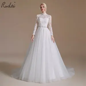 Ruolai QW01550 Halter Off the shoulder Lace Wedding Dress with Long Sleeve with Sash Bridal Dress Gown