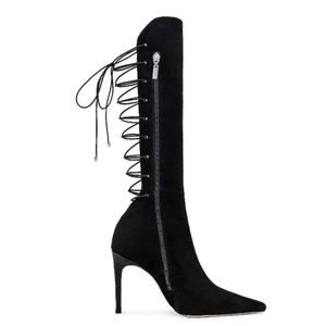 Stylish Solid Suede Women's Long Boots High Heels Pointed Toe Back Lace up Knee High <b>Booties</b> Side Zipper Cut Out Shoes - Product Image 4
