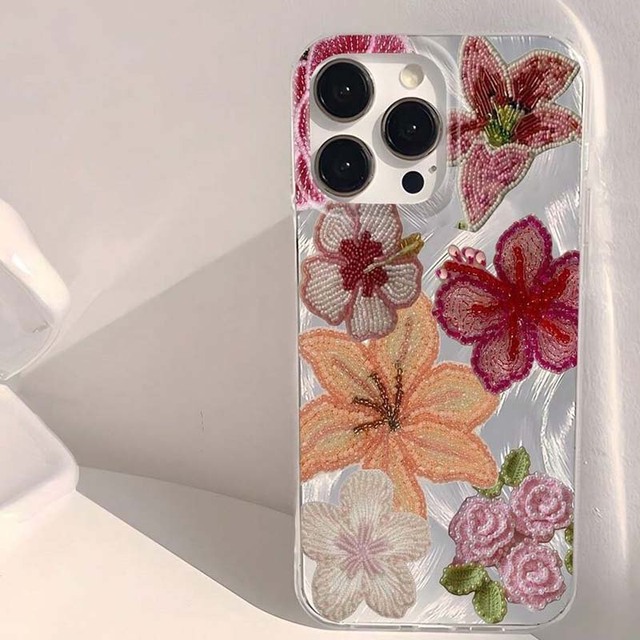 Beautiful Pearl Flower Print Silver Silk Pattern PC Mobile Phone Cover Case for Iphone 8 X Xr Xs Max 11 12 13 14 15 16 17 Air