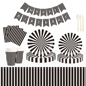 Ensemble de vaisselle rayée DAMAI noir et blanc pour fête, décoration de baby shower et d'anniversaire, assiettes en papier de 9 pouces, serviettes, couverts - Product Image 1