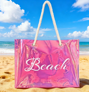 Bolso de compras de diseño holográfico láser iridiscente de PVC grueso con logotipo personalizado con asa de PU a la moda y con estilo - Product Image 5