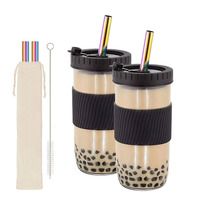 Lot de 2 bocaux Mason en verre transparent de 24 oz à large ouverture pour smoothies, avec couvercles en silicone et pailles, pour thé aux perles Boba