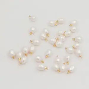 8-11 mm Rice nature freshwater pearl charm with STAINLESS STEEL PVD 18K GOLD hanger, DIY high luster PEARL half hole drilled
