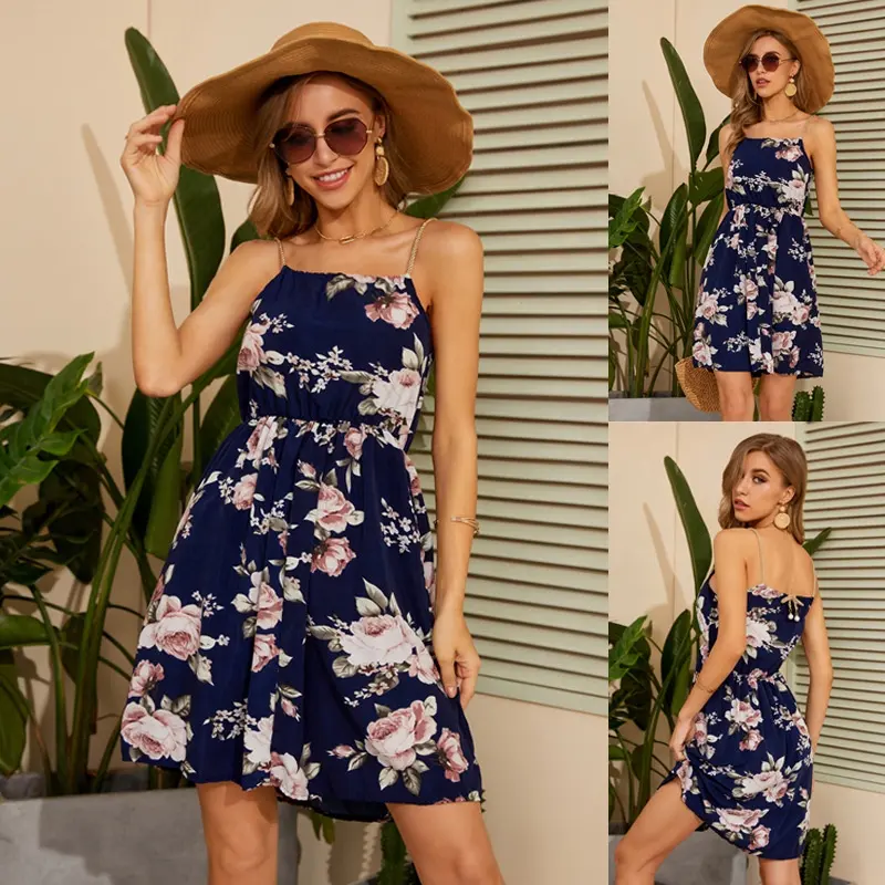 2022 Summer New Elegant Beach Vacation Dress Floral Printed Slim Mid Halter Skirt Slit Casual Sun Dress For Women