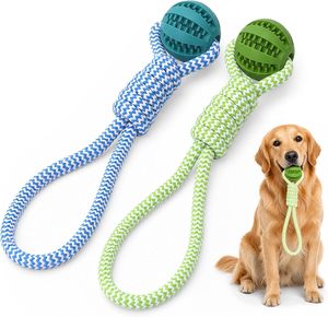 Durable Rubber <b>Ball</b> Nylon Rope <b>Dog</b> Chew Toys Interactive Puppy Cat Toys Small Medium <b>Dogs</b> Teeth Cleaning Dispensing Tug War Play - Product Image 1
