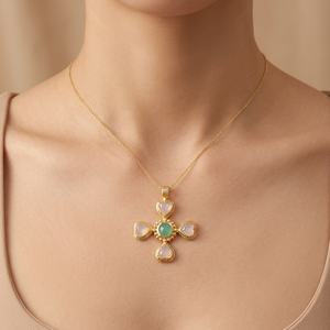 Romantic Jewelry Briolette Cut Opalite Quartz and Aqua Chalcedony Cross Pendant Necklace 18k Gold Plated Chain Brass Necklace - Product Image 2