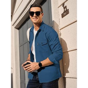2025 hommes décontracté Shacket à manches longues boutonné veste légère avec poches à rabat gris bleu surchemise - Product Image 2