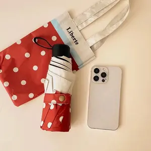 Tùy chỉnh dễ thương Polka Dot Vinyl năm lần móc mưa ô và bóng RÂM UV Tất cả thời tiết dù che nắng, in ấn dù để che nắng với túi mang theo