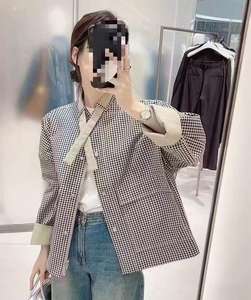 New Spring Autumn <strong>Women</strong> Checkered Tie Neck Large Pocket Utility Jacket Coat Fashion Workwear Jacket With Belt Detachable Pockets - Product Image 4