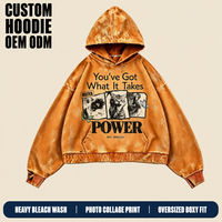Sweat à capuche homme personnalisé 420GSM, couleur ambre, délavé à l'acide, avec impression de collage photo de chat et slogan, coupe oversize à épaules tombantes, pour le streetwear