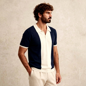 Chemise décontractée pour homme en maille unie 100 % polyester, grande taille, manches courtes, col blanc, boutonnée, bleu marine - Product Image 1