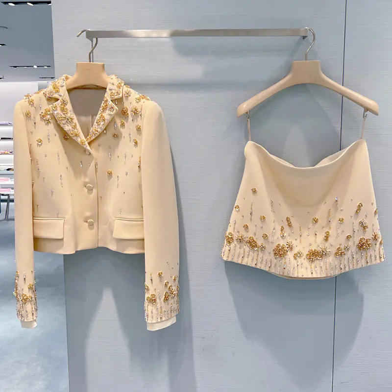 Conjunto de chaqueta y falda con cuentas de cristal para mujer, conjunto de 2 piezas de moda elegante de MIU de alta calidad, venta al por mayor