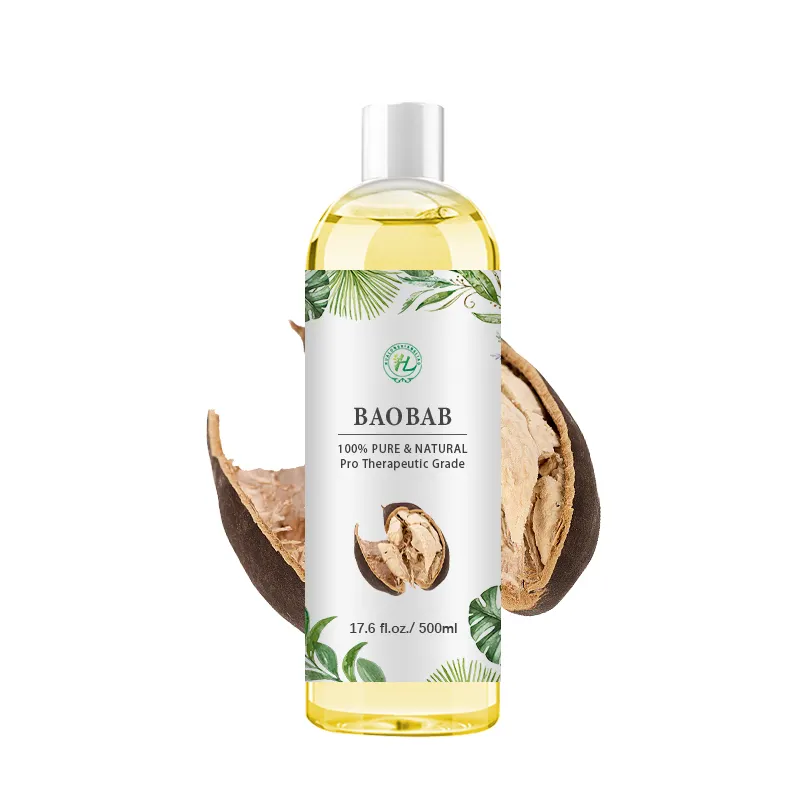 Hl-fournisseur d'huiles porteuses froides, huile corporelle de 500ML, huile de graine d'arbre de Baobab biologique en vrac 100% Pure et naturelle pour la peau, les cheveux