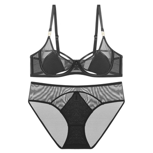 Ensemble de lingerie sexy à découpes, soutien-gorge anti-transparence, effet minimiseur pour poitrines généreuses, en maille respirante - Product Image 5