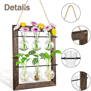 Dropship Double Layer <b>Wall</b> Hanging Glass Planter Propagate Station With 6 Bulb Vase Retro Wooden Stand for Hydroponics Plants - Product Image 2