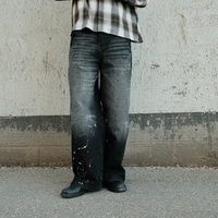 Jean en denim pour homme, coupe droite ample, noir, effet éclaboussures de peinture, délavé, dégradé, effet usé, effet moustaches, personnalisé OEM