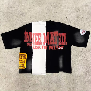Camiseta de hombre DIHUI con estampado serigrafiado, estilo streetwear, paneles oversize, bloques de color, patchwork, dobladillo irregular, sin decoloración, corte y costura. - Product Image 5