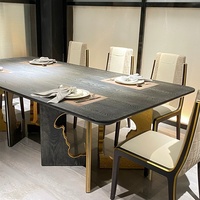 Ensemble de table à manger de luxe 8 places en acier inoxydable doré de haute qualité, design moderne, style ferme, pour hôtel, plateau en marbre, réglable