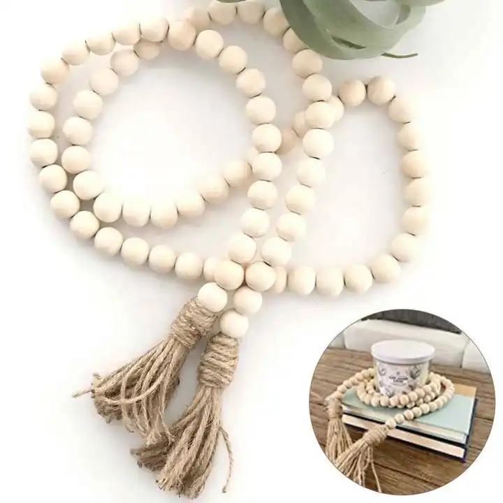 Wood Beads Garland Decor Farmhouse Beads with Tassels for