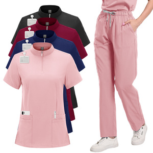 Unisex Scrub Set Short Sleeve Stand Collar Zipper Moisture Wicking Hospital Uniforms For Nurses And Medical Staff - Product Image 1