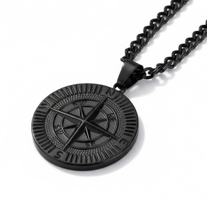 Collier pendentif boussole en acier inoxydable pour homme, chaîne longue, style pièce de monnaie, bijoux cadeau, options de couleurs noir, or, argent - Product Image 4