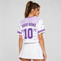 Haut court en jersey personnalisé à sublimation avec nœud mignon et col en V pour femme, à manches courtes, avec nom et numéro personnalisés pour tenue d'équipe