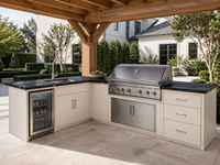 Luxuriöse L-förmige Weiße 304 Edelstahl Outdoor-Küche BBQ-Insel Schwarze Arbeitsplatte mit Grill, Kühlschrank & Schubladen