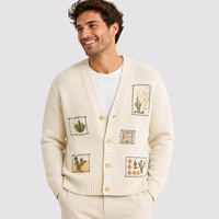 Cardigan en tricot 100 % coton pour homme FNJIA, col en V, broderie florale cactus, manches longues, coupe ample