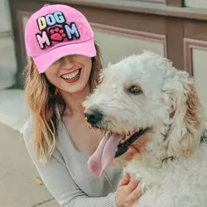 Topi bisbol olahraga wanita, kaos handuk bordir anjing ibu huruf, topi dicuci lubang lama luar ruangan