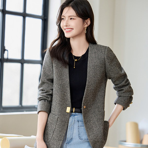 Women's Wool Blazer <b>Coffee</b> Color Herringbone Pattern Loose Fit Autumn Winter Casual Jacket With <b>Pocket</b> No-Wrinkle Treatment - Product Image 2