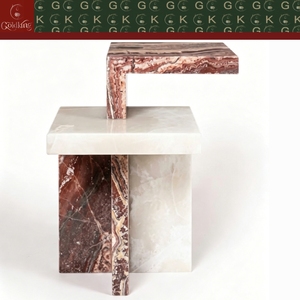 Mesa Auxiliar de Dos Niveles Asimétrica de Piedra Sólida para Sala de Estar de Lujo GOLDKING, Mármol Blanco Marrón Rojizo, Tallado Geométrico, OEM Personalizado - Product Image 6