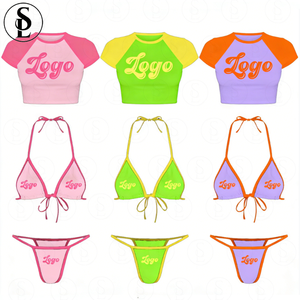 Ensemble de maillots de bain de luxe pour femmes 2026, avec logo personnalisé, sexy, 3 pièces, pour le fitness, comprenant un micro mini bikini, un <span class=keywords><strong>t</strong></span>-<span class=keywords><strong>shirt</strong></span> court et un maillot de bain uni à motif fruité - Product Image 1