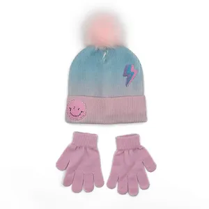 Kids Oem Op Maat Gestreepte Winter Gebreide Muts Buiten Manchet Bedrukt Roze/Blauw Schattige Mooie Pom Pom Beanie Set