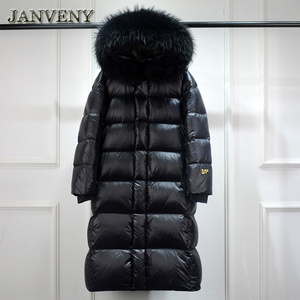 JANVENY 2023 Nouvelle veste d'hiver <span class=keywords><strong>brillante</strong></span> pour <span class=keywords><strong>femme</strong></span>, longue, rembourrée, avec grande <span class=keywords><strong>capuche</strong></span> en <span class=keywords><strong>fourrure</strong></span> de raton laveur naturelle, 90% duvet de canard, manteau brillant - Product Image 5