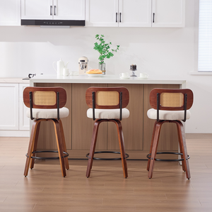 Set 3 26-Inch Counter Height <b>Bar</b> <b>Stools</b> Walnut Black Cane Rattan Back Beige Linen Upholstered Seat Swivel Eco-Friendly Gym - Product Image 2