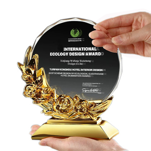 New Trofeos Roseflowers Medals Crystal Trophy Engravable Wholesale Glass Staff Service Award Trophy With Gold Base