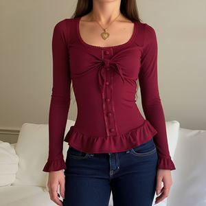 <b>Tight</b>-fitting slim-fitting pure and seductive design bowknot chest ruffle T-shirt decorative row of buttons long-sleeved top - Product Image 1