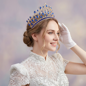 <span class=keywords><strong>Couronne</strong></span> de Mariée de Luxe Bleu Royal en Cristal, Tiara Baroque Plaqué Or, Grande <span class=keywords><strong>Couronne</strong></span> de Reine Saphir, Accessoires de Cheveux pour Mariage et Bal de Promo pour Femmes - Product Image 1