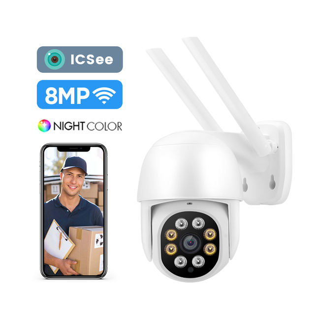 8MP 4K Ultra HD Outdoor Auto Tracking Wireless PTZ Camera 360 Wide Angle Color Night Vision WiFi AI Humanoid Detection CMOS